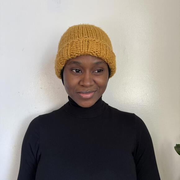 Chunky Knit Mustard Yellow Beanie Hat | Fisherman Style Winter Warmer - Picture 4 of 5